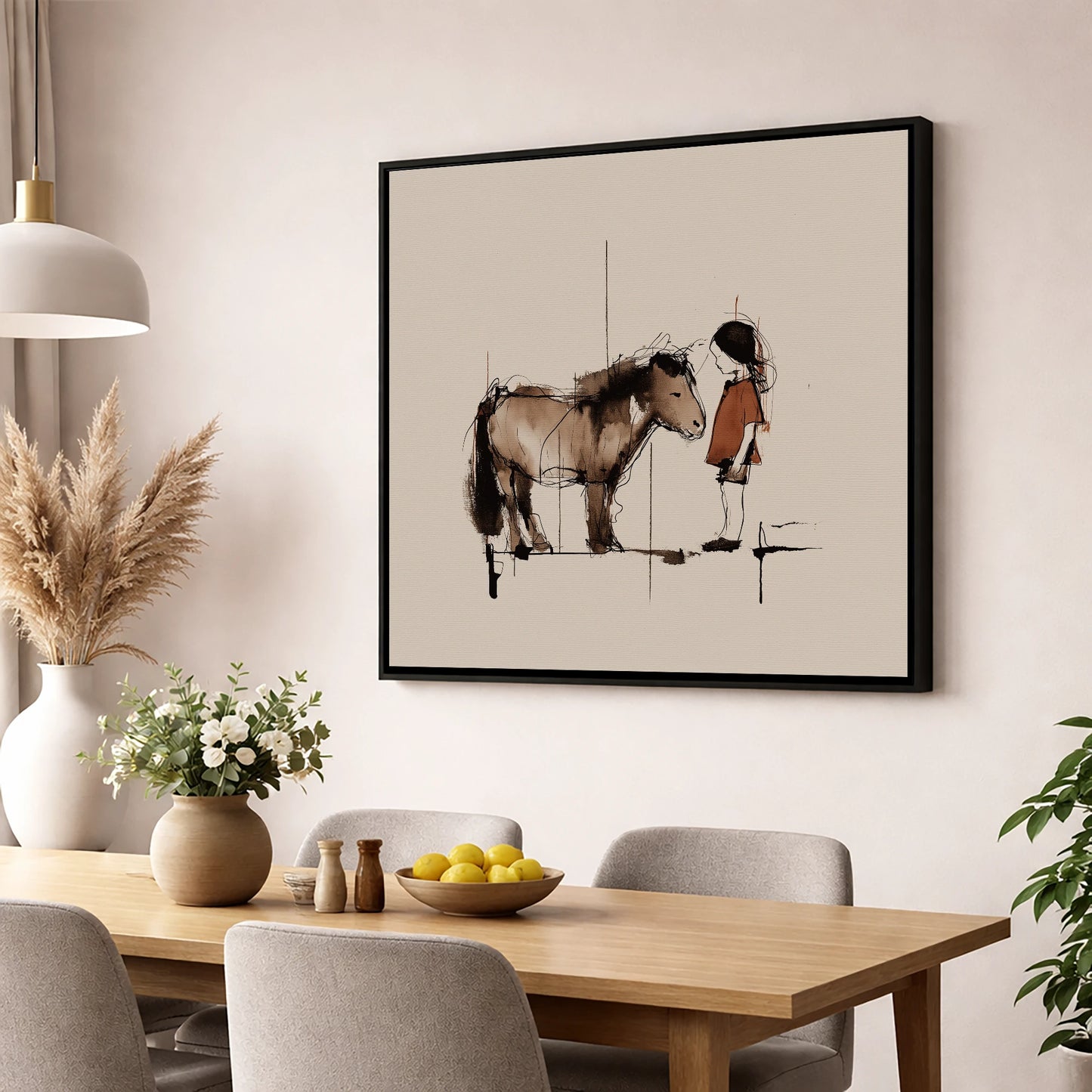 Silent Understanding horse & rider wall art displayed in a dining room