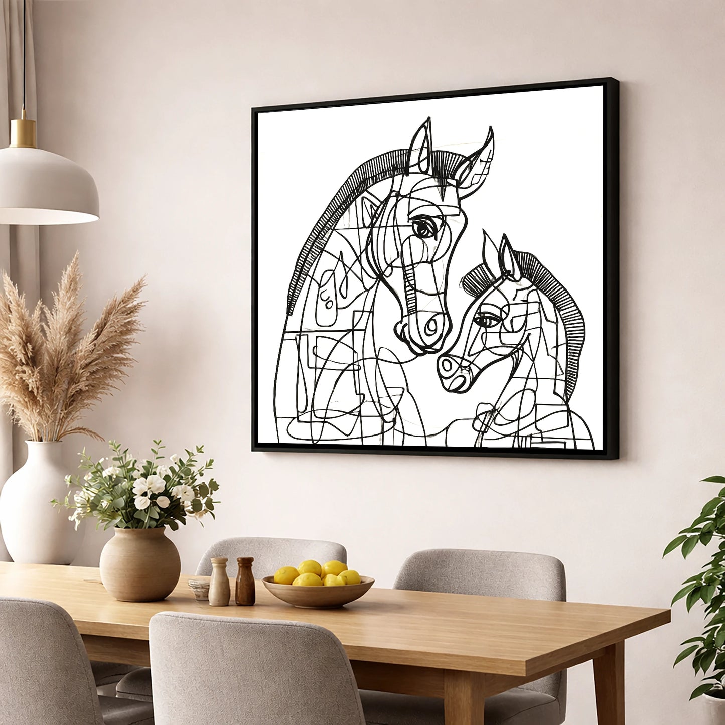 Structured Bond mare & foal wall art displayed in a dining room