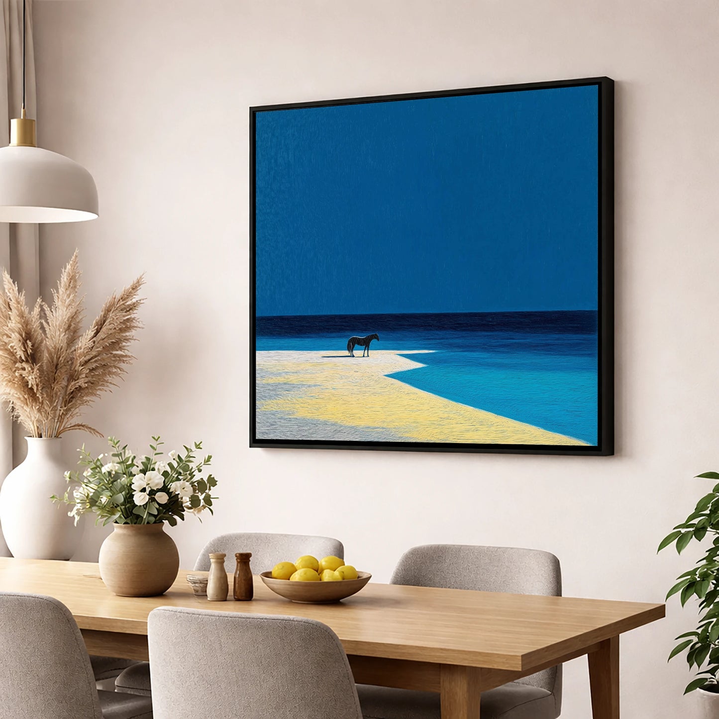 The Azure Edge horse landscape wall art displayed in a dining room