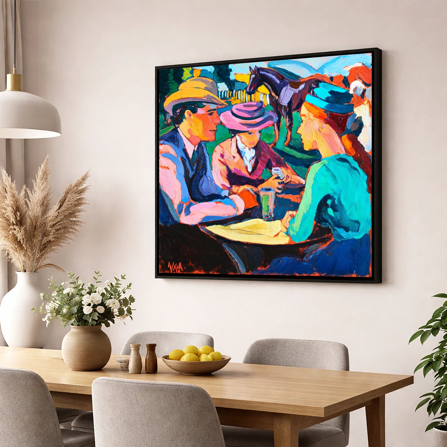 Paddock Society racing horse wall art displayed in a dining room
