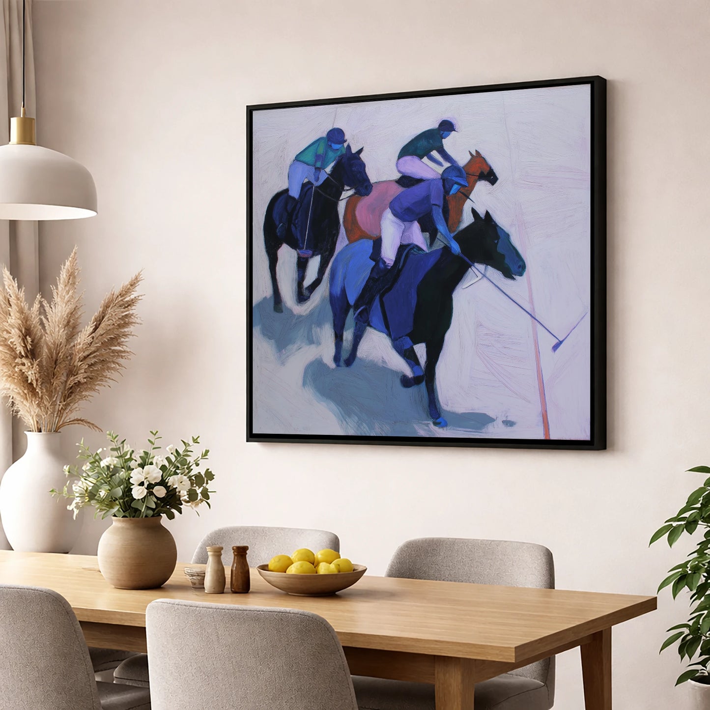 Midnight Pursuit on the Field polo horse wall art displayed in a dining room