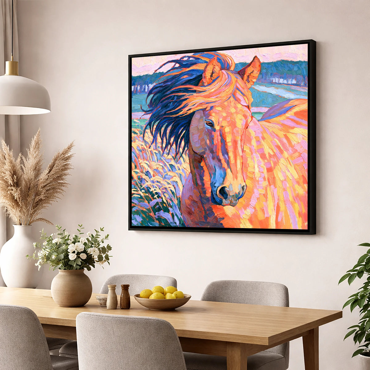 Vibrant Windblown Horse Portrait horse breed wall art displayed in a dining room