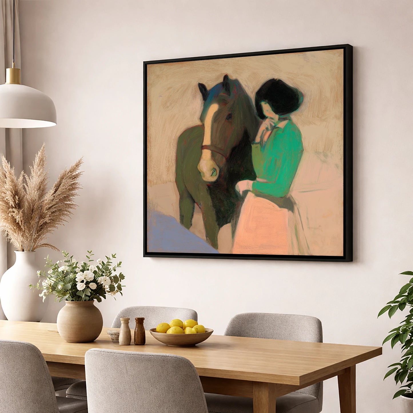 A Shared Silence horse & rider wall art displayed in a dining room