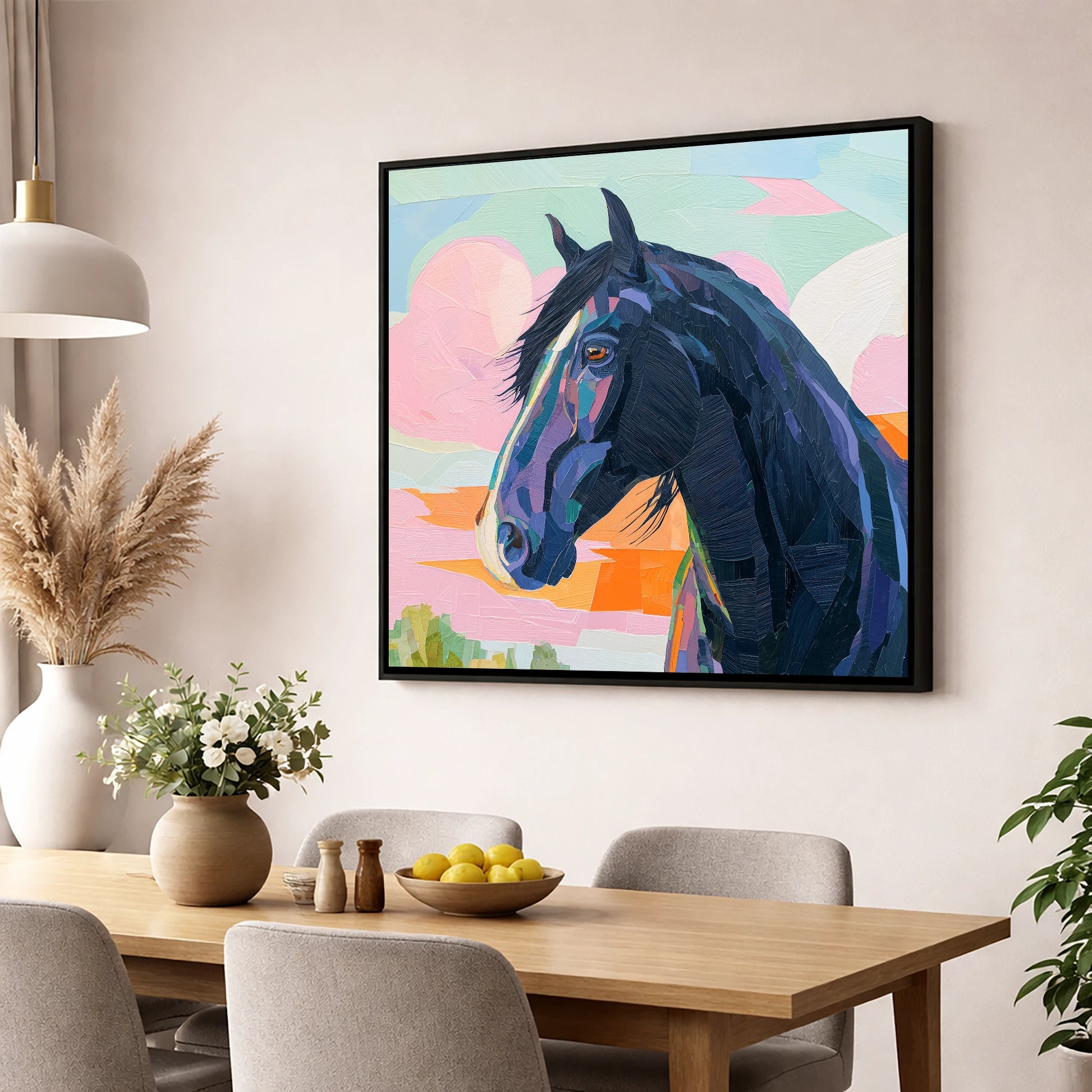 Vivid Midnight Profile horse breed wall art displayed in a dining room