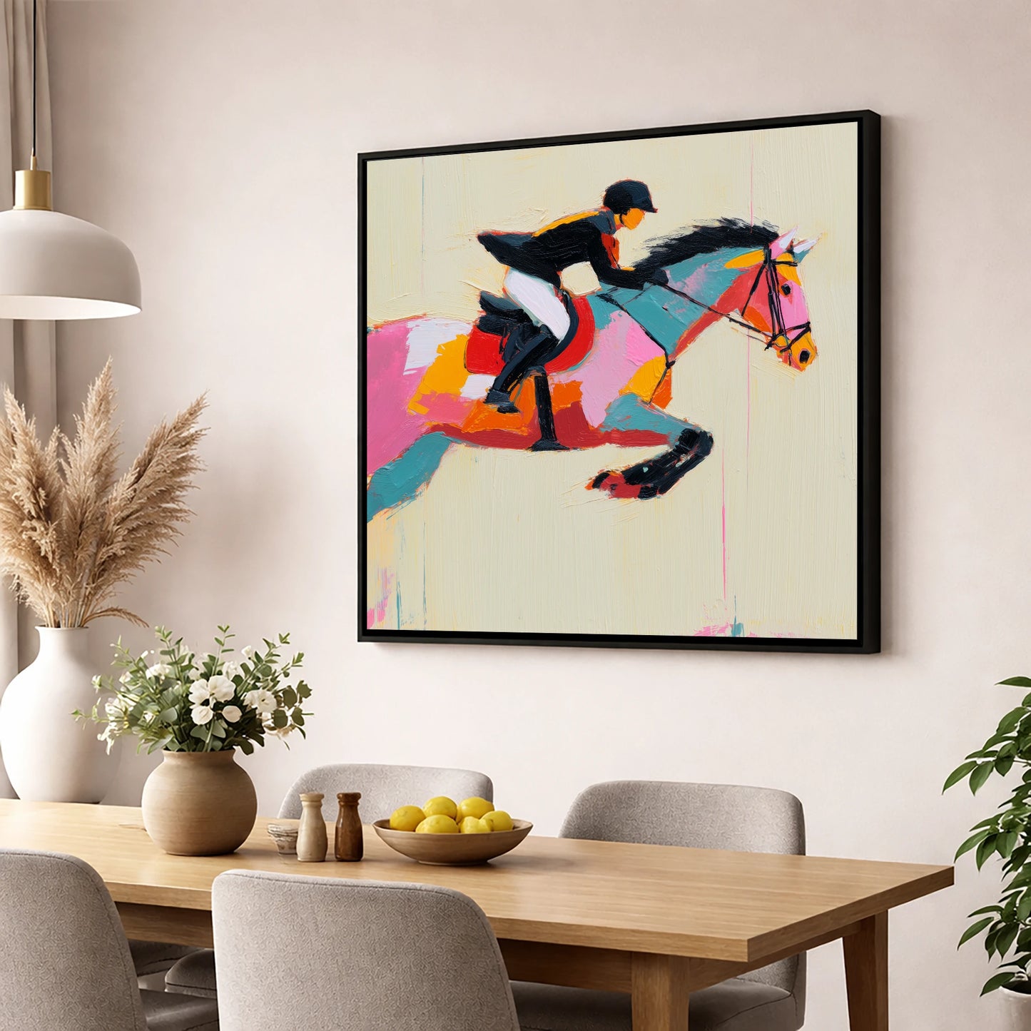 Vivid Showjumping Flight show jumping horse wall art displayed in a dining room