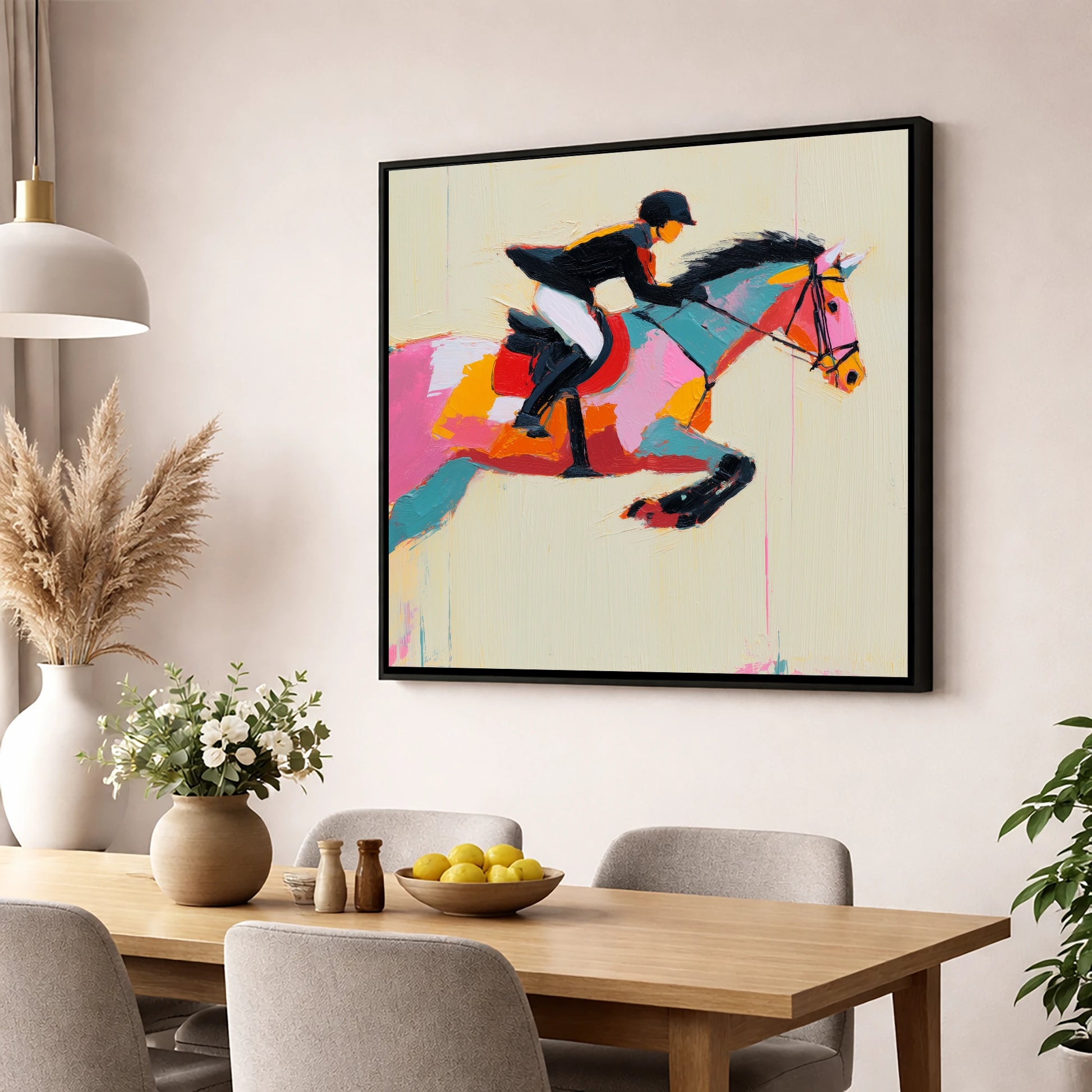 Vivid Showjumping Flight show jumping horse wall art displayed in a dining room