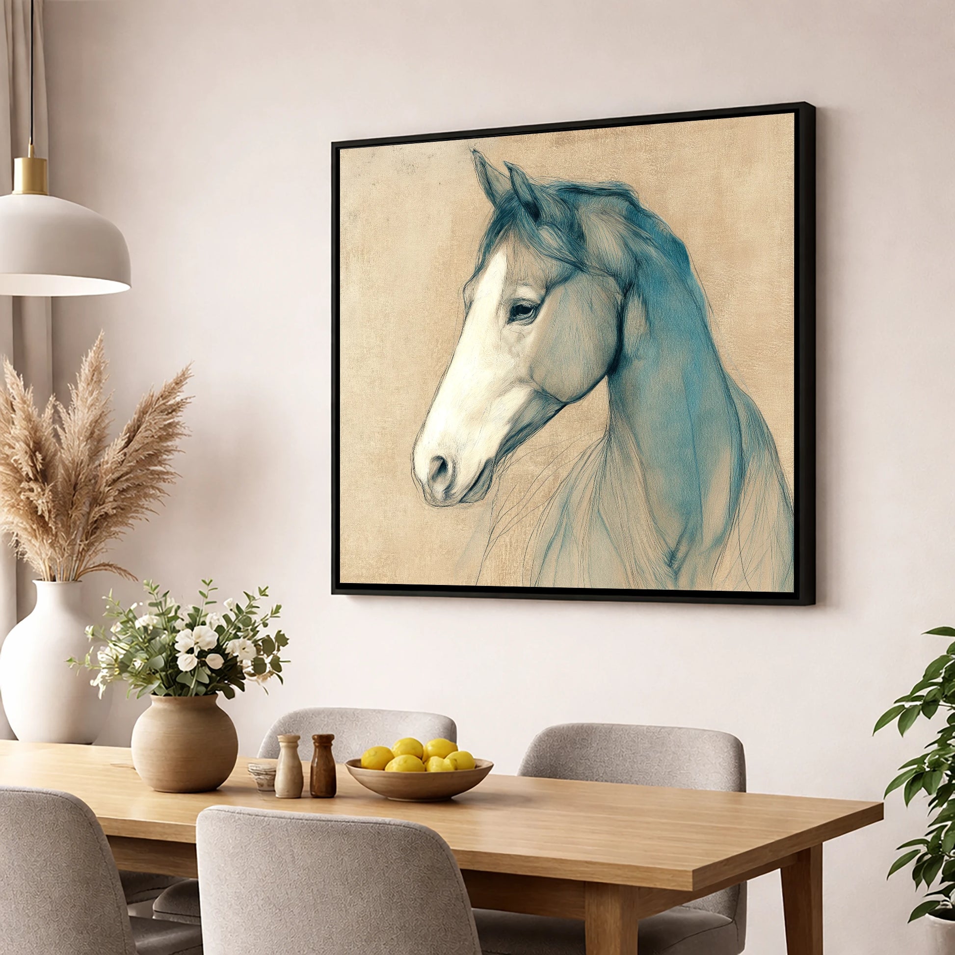 Teal Equine Study horse portrait wall art displayed in a dining room