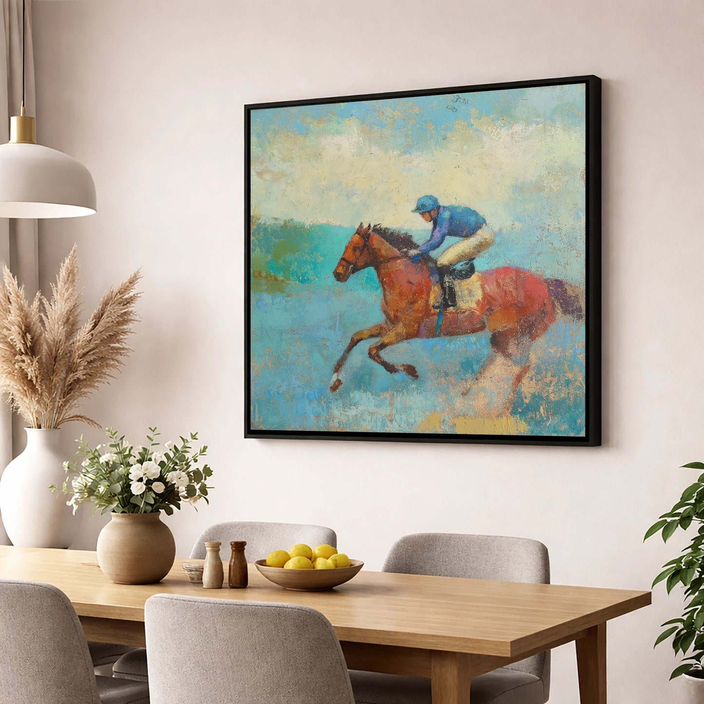 Flight in Turquoise racing horse wall art displayed in a dining room
