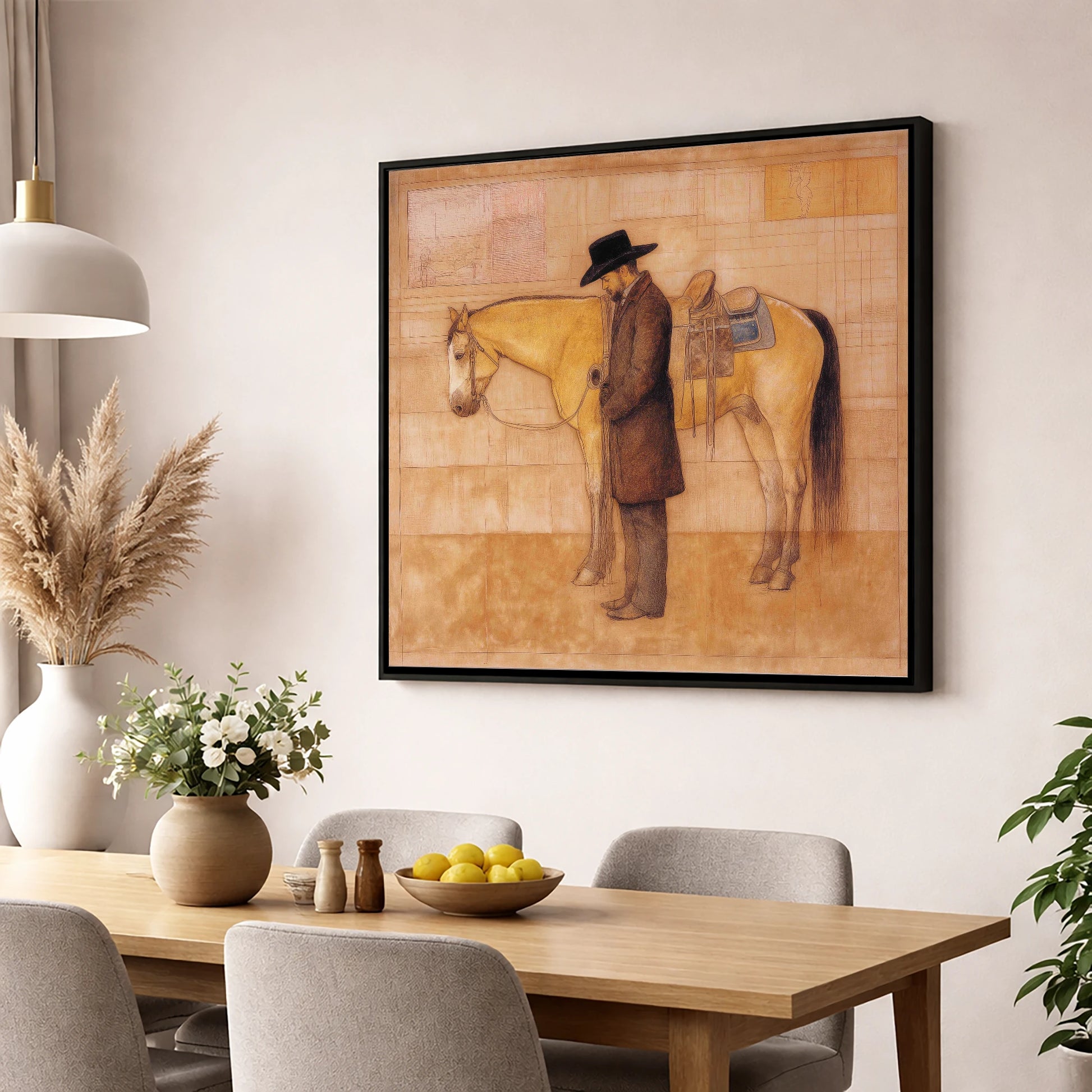 The Quiet Bond western horse wall art displayed in a dining room