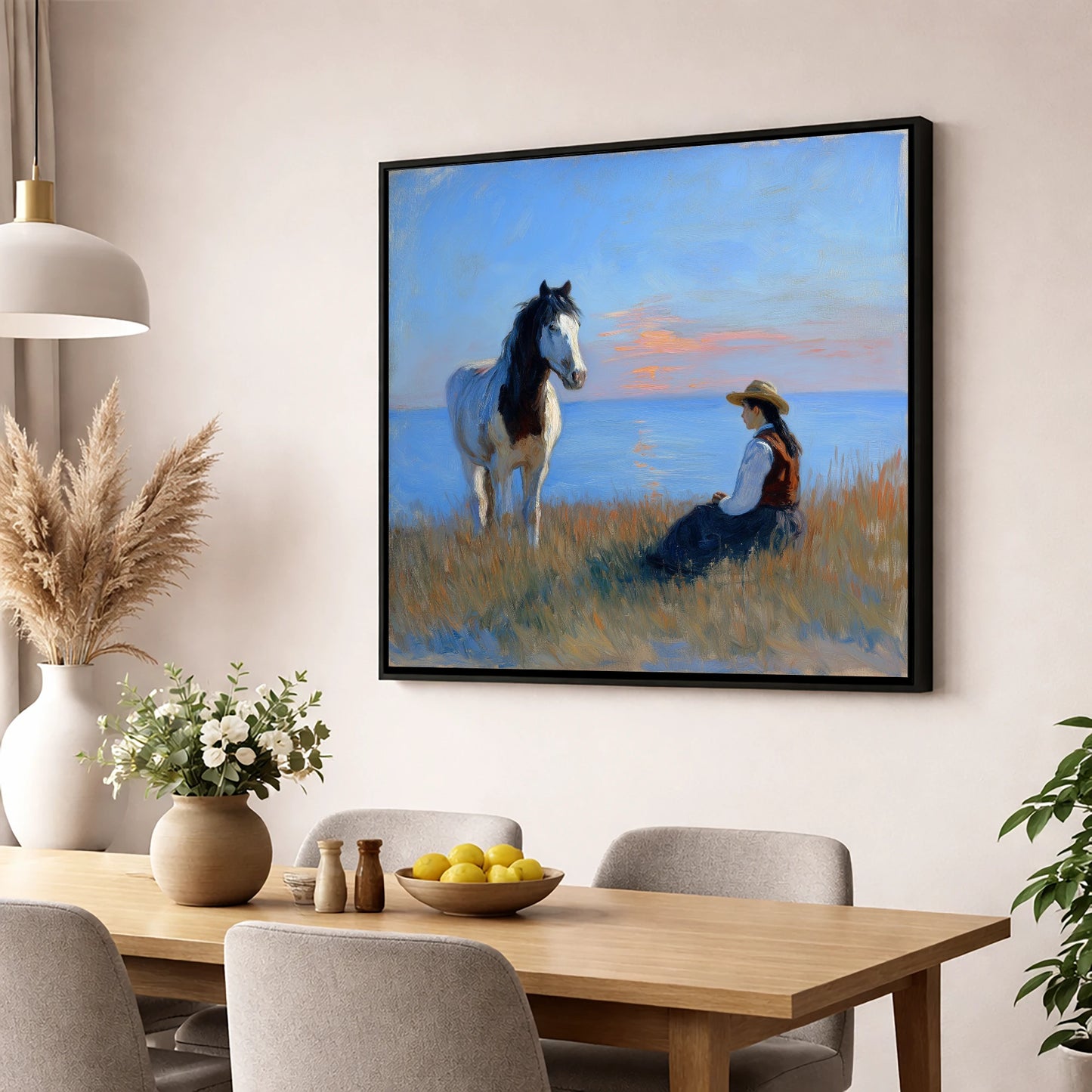 The Coastal Companion horse & rider wall art displayed in a dining room
