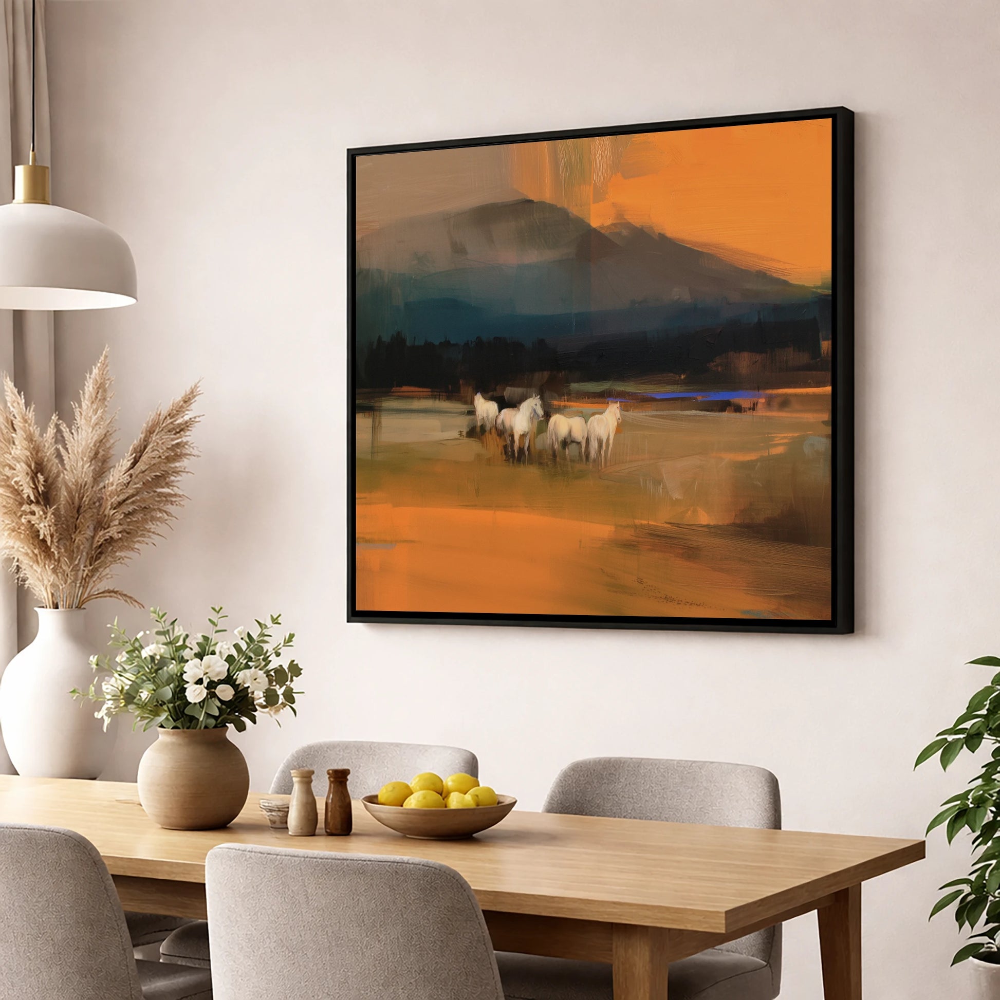 Amber Valley Greys wild horses wall art displayed in a dining room