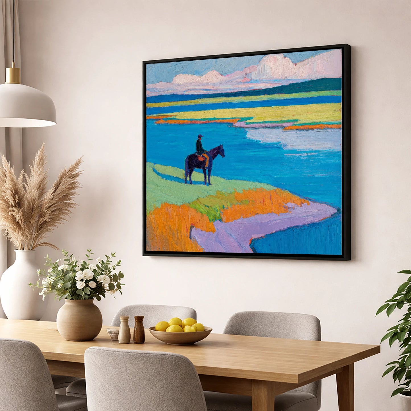 Vivid Coastal Solitude beach horse wall art displayed in a dining room