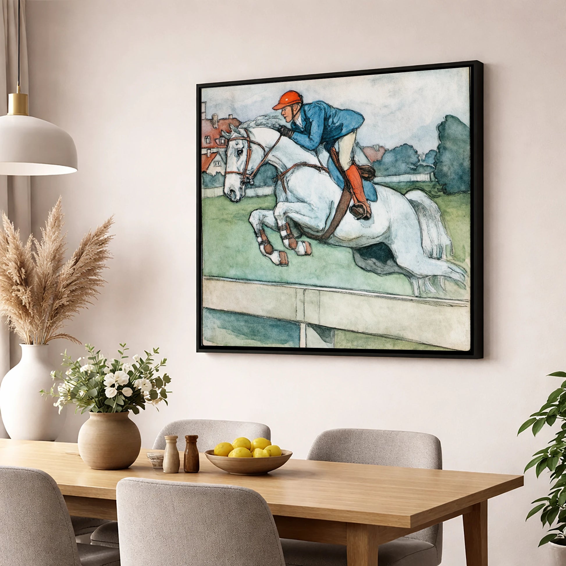 Clearing the Timber show jumping horse wall art displayed in a dining room