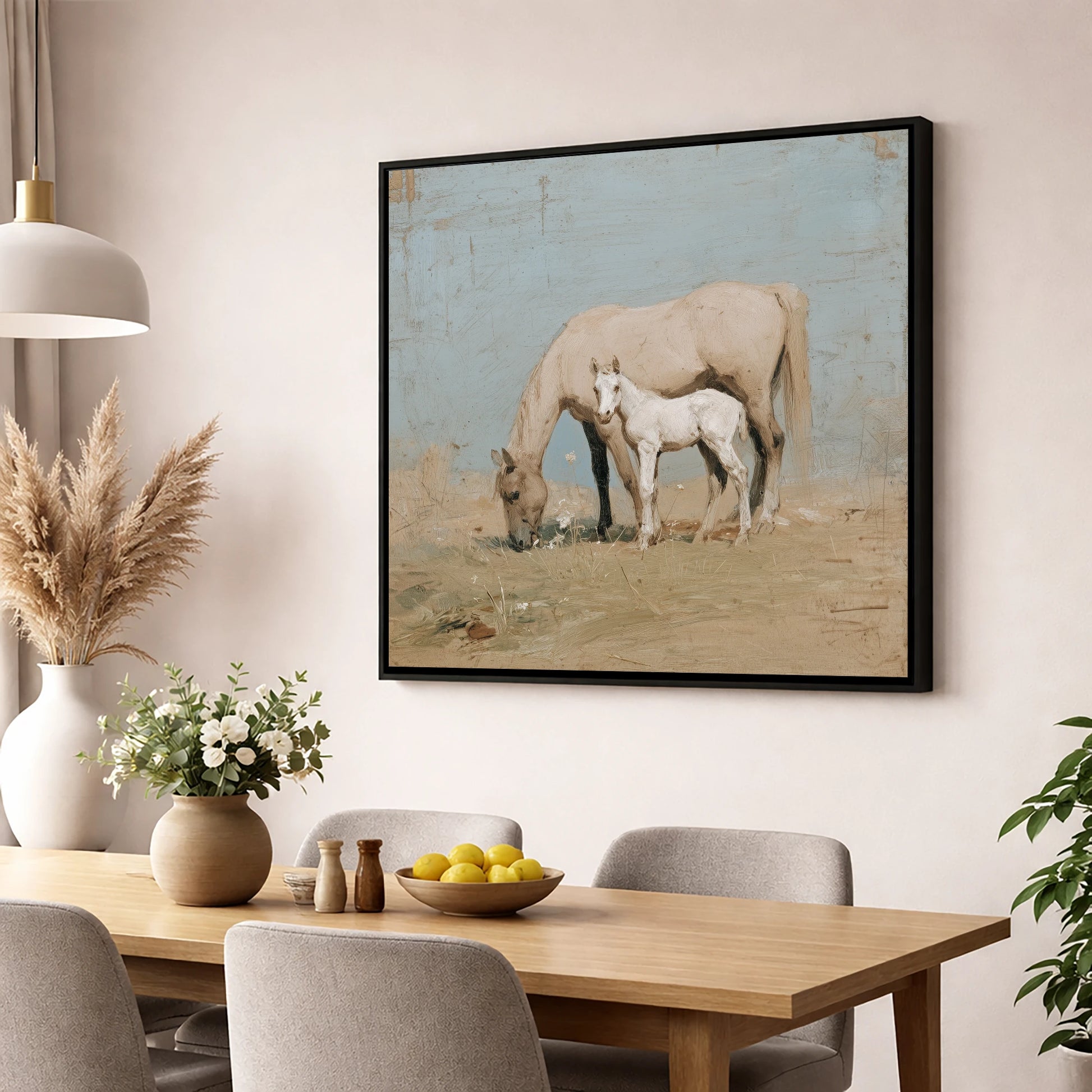 The Quiet Pasture mare & foal wall art displayed in a dining room
