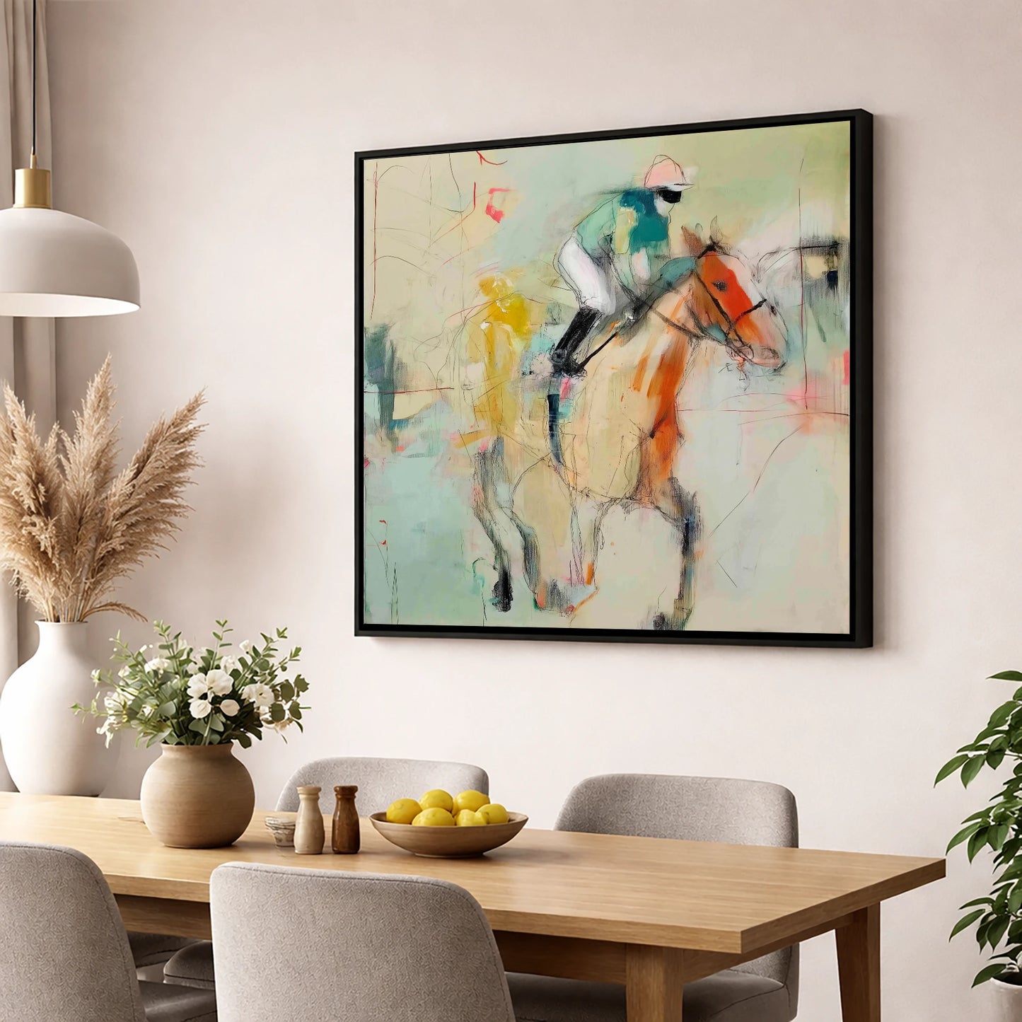 The Fleeting Stride racing horse wall art displayed in a dining room
