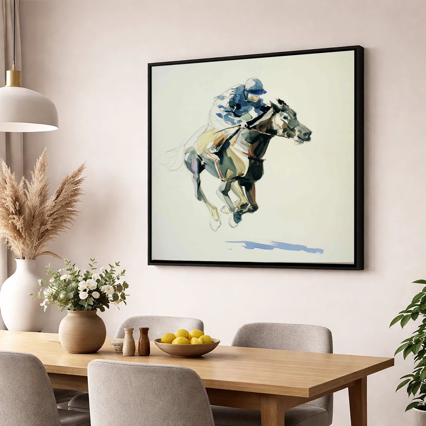 Cerulean Stride racing horse wall art displayed in a dining room