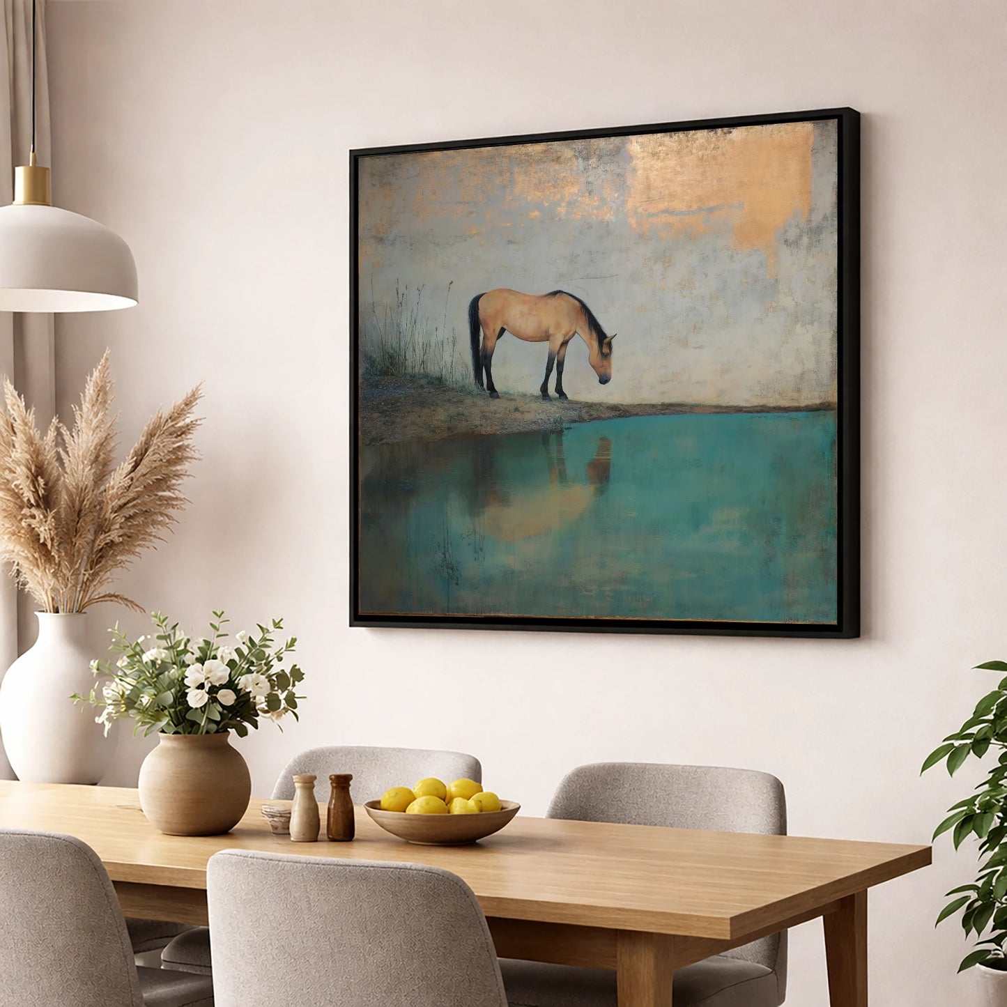 Gilded Reflection horse landscape wall art displayed in a dining room