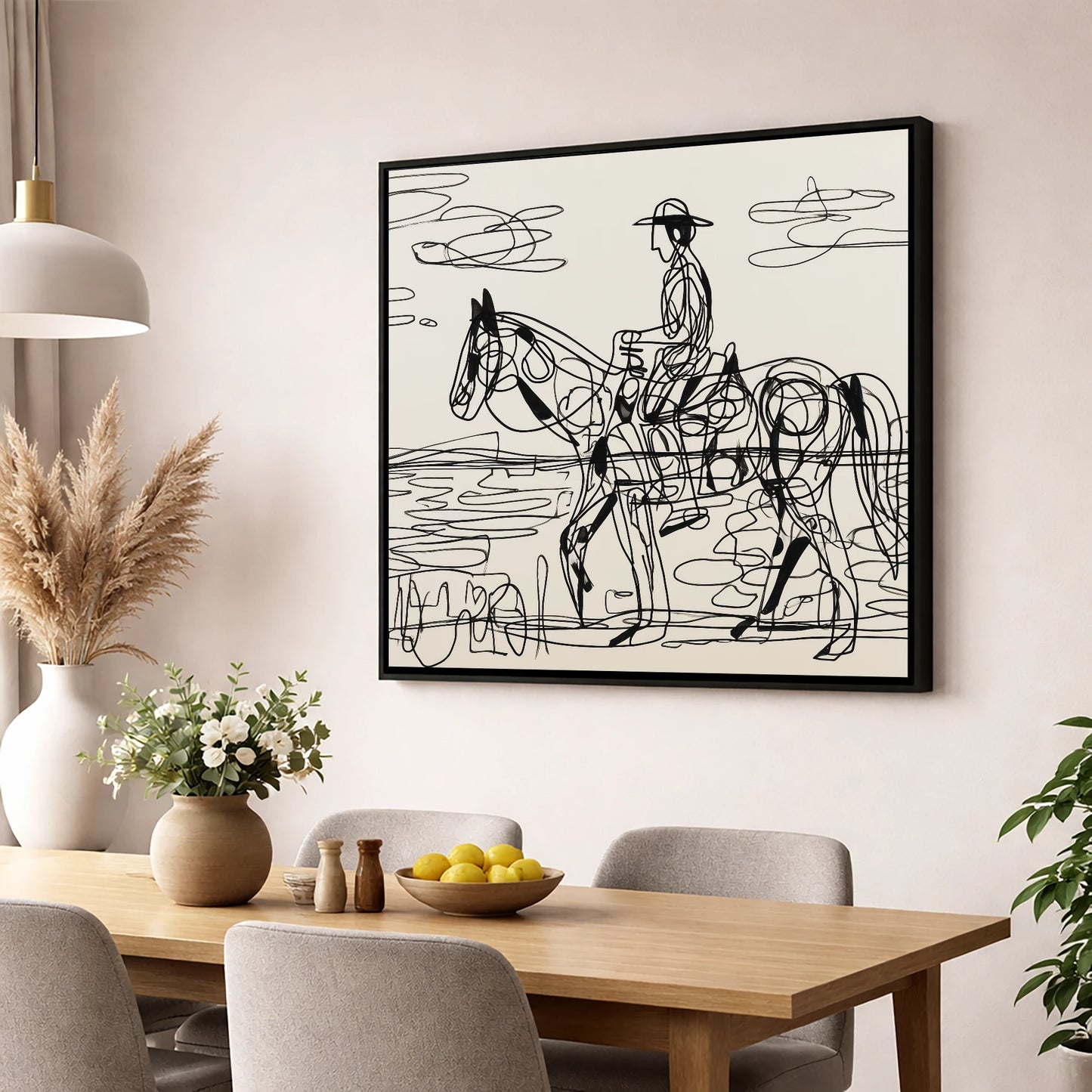 Linear Beach Ride beach horse wall art displayed in a dining room