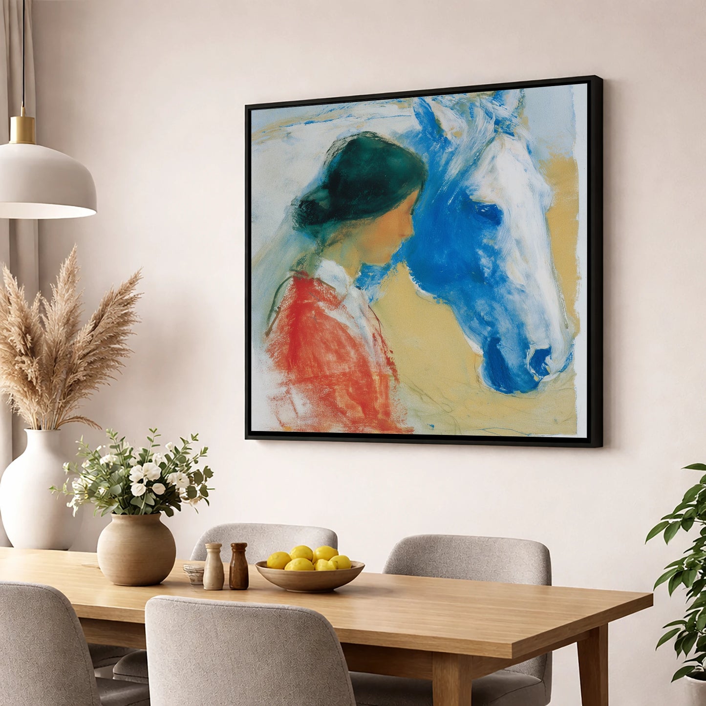 The Cobalt Companion horse & rider wall art displayed in a dining room