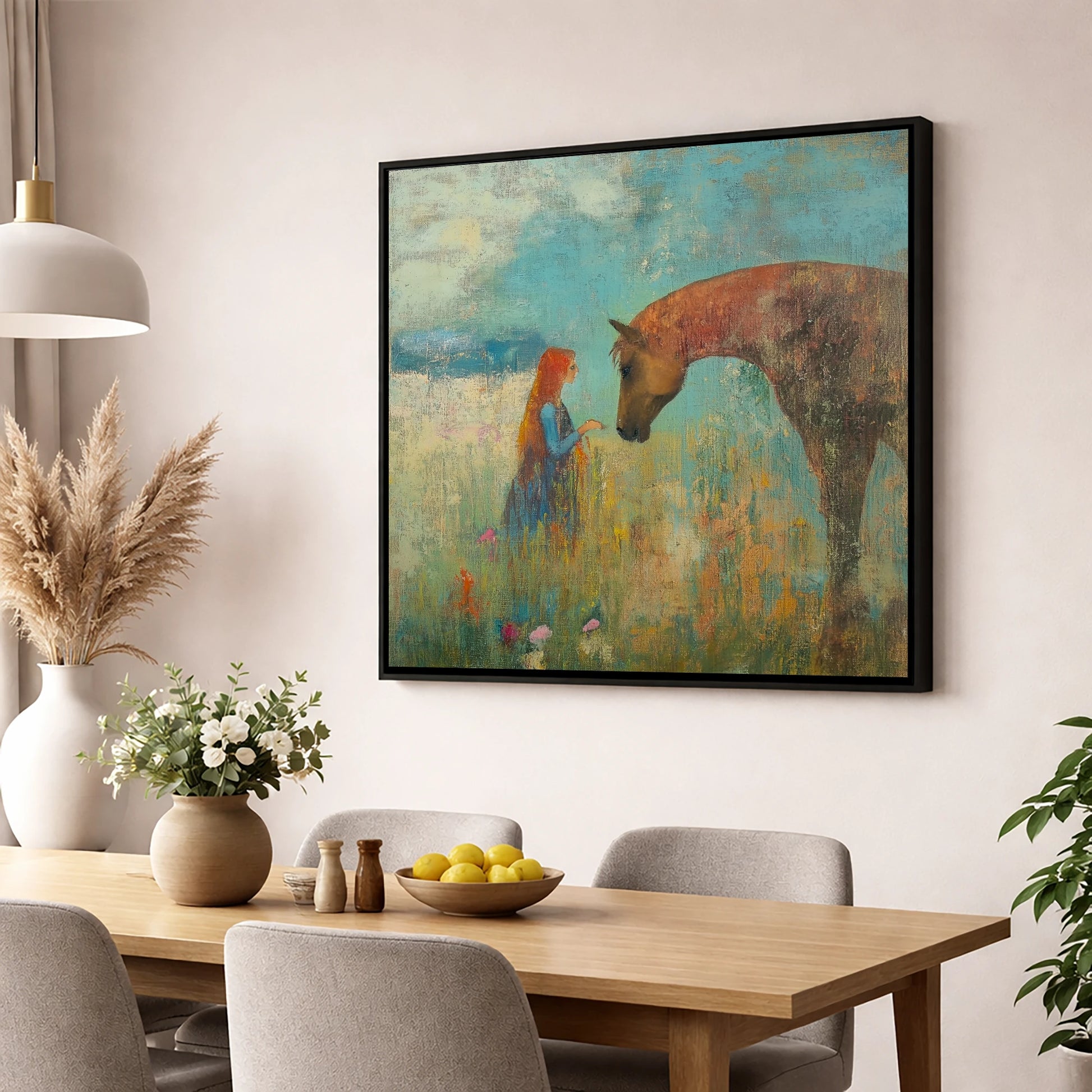 A Quiet Connection horse & rider wall art displayed in a dining room