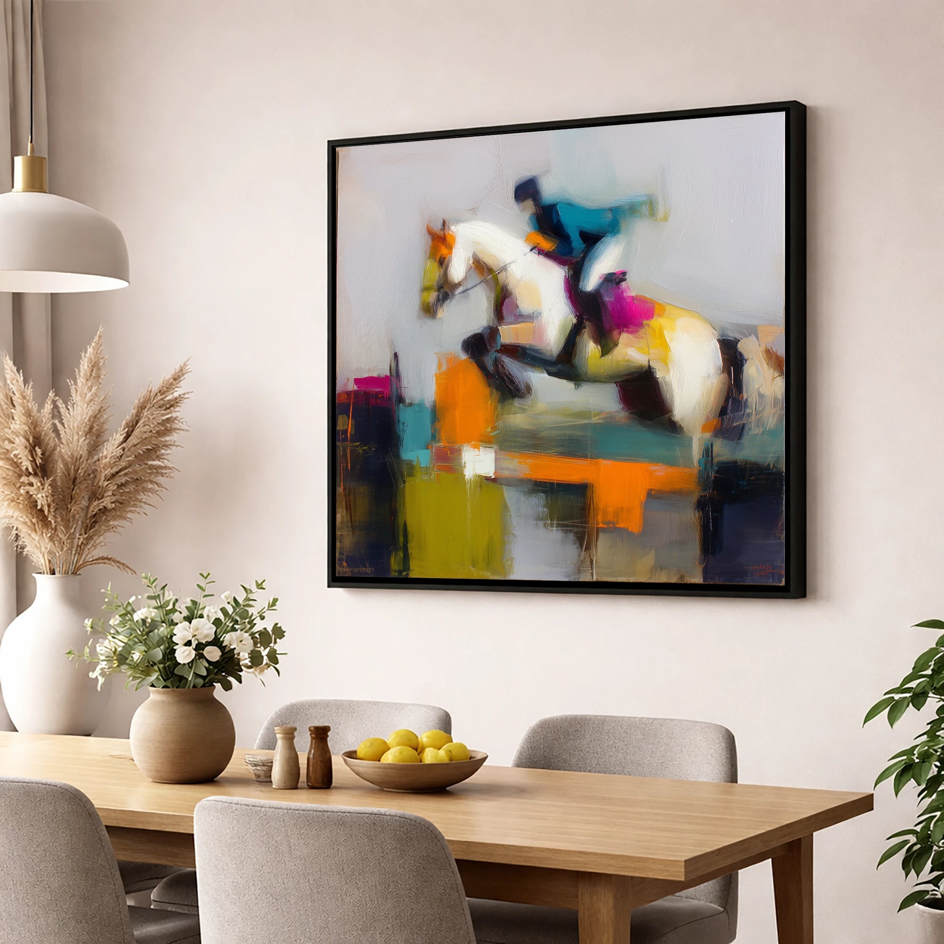 Vibrant Ascent show jumping horse wall art displayed in a dining room