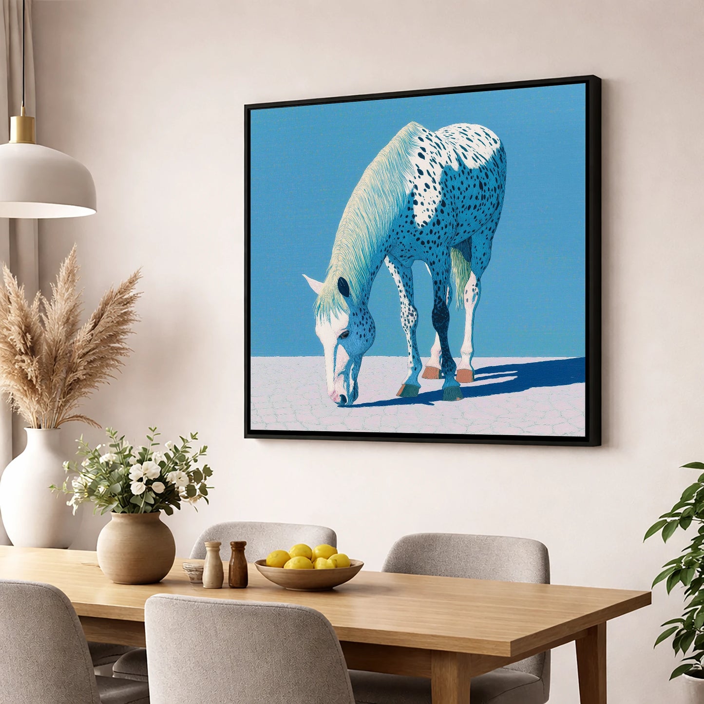 Azure Appaloosa horse breed wall art displayed in a dining room