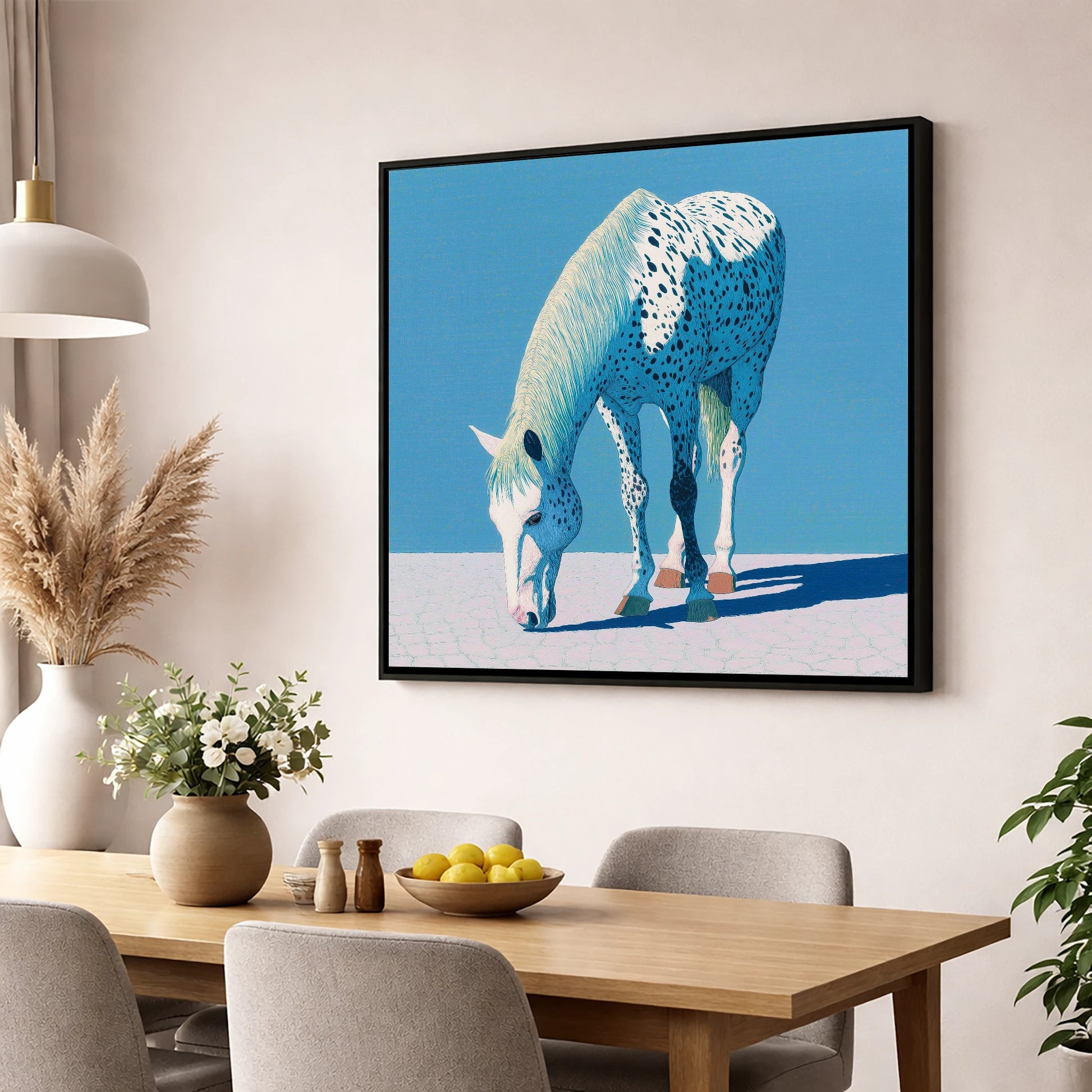 Azure Appaloosa horse breed wall art displayed in a dining room