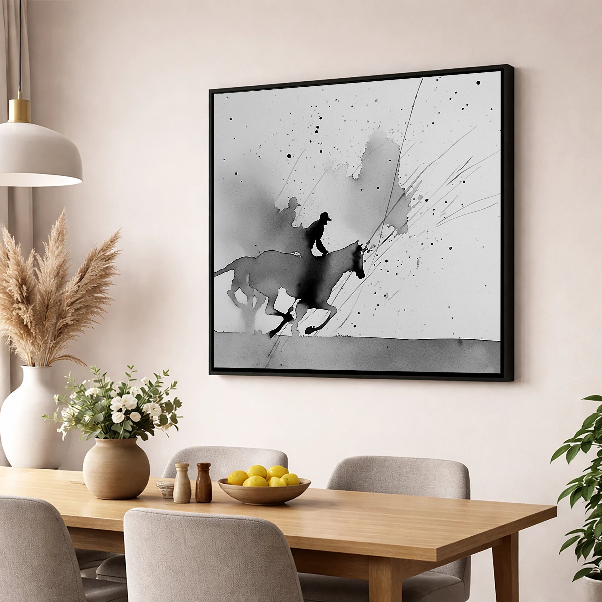Kinetic Flight show jumping horse wall art displayed in a dining room
