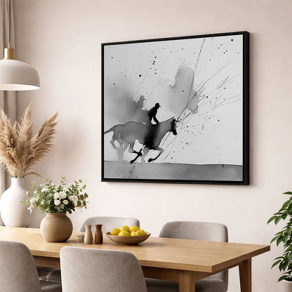 Kinetic Flight show jumping horse wall art displayed in a dining room