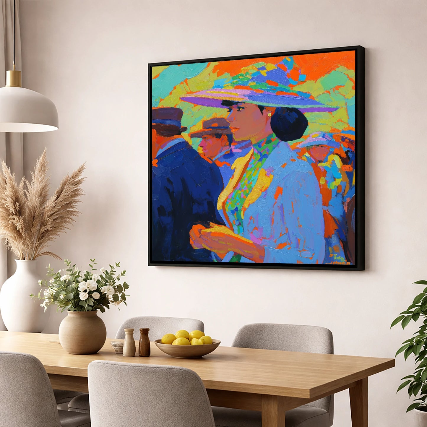 Ladies Day Elegance racing horse wall art displayed in a dining room