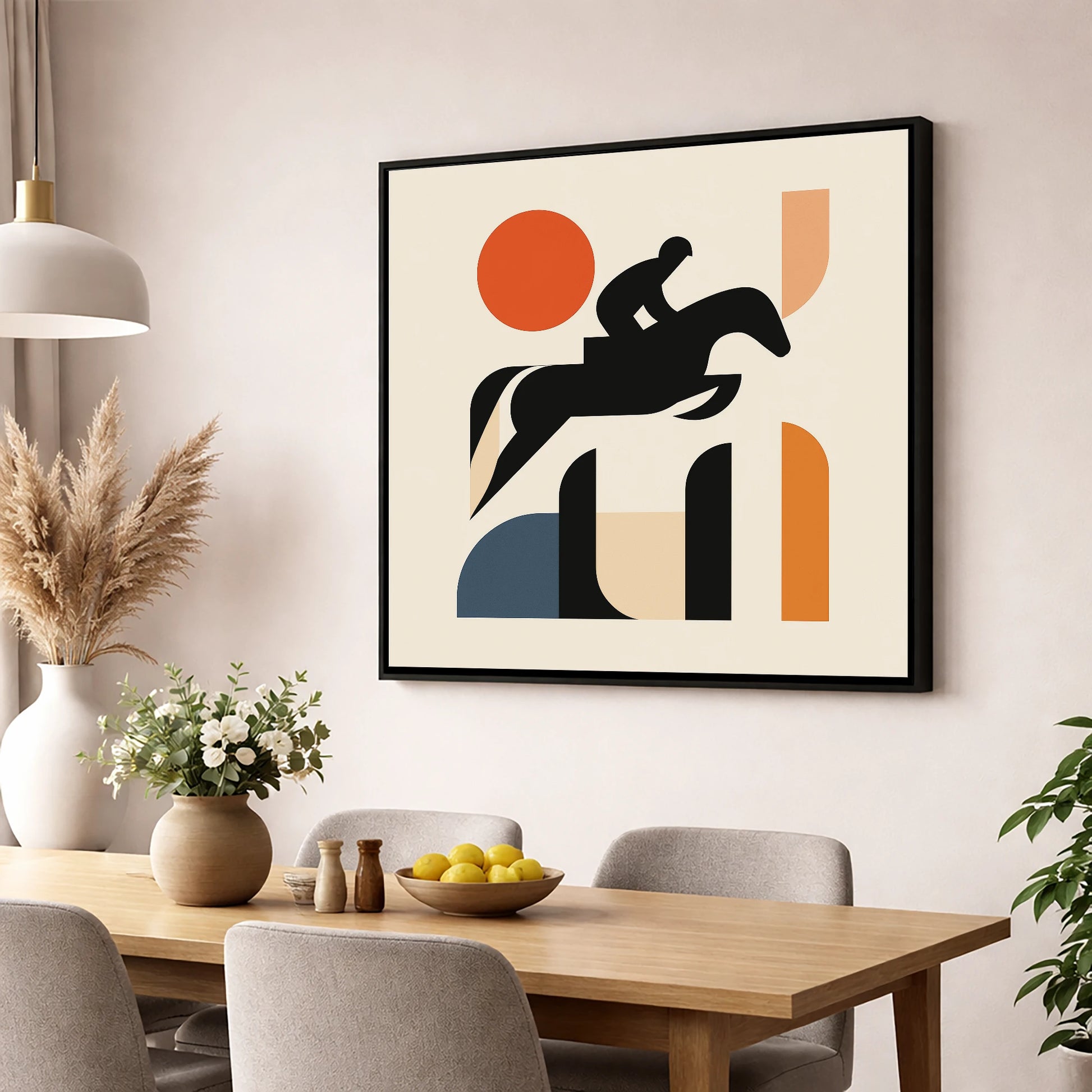 Geometric Showjumping Silhouette show jumping horse wall art displayed in a dining room