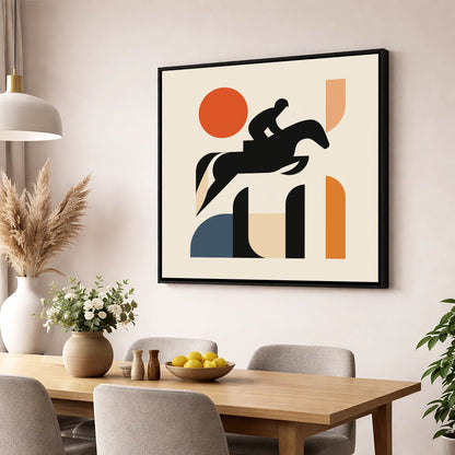 Geometric Showjumping Silhouette show jumping horse wall art displayed in a dining room