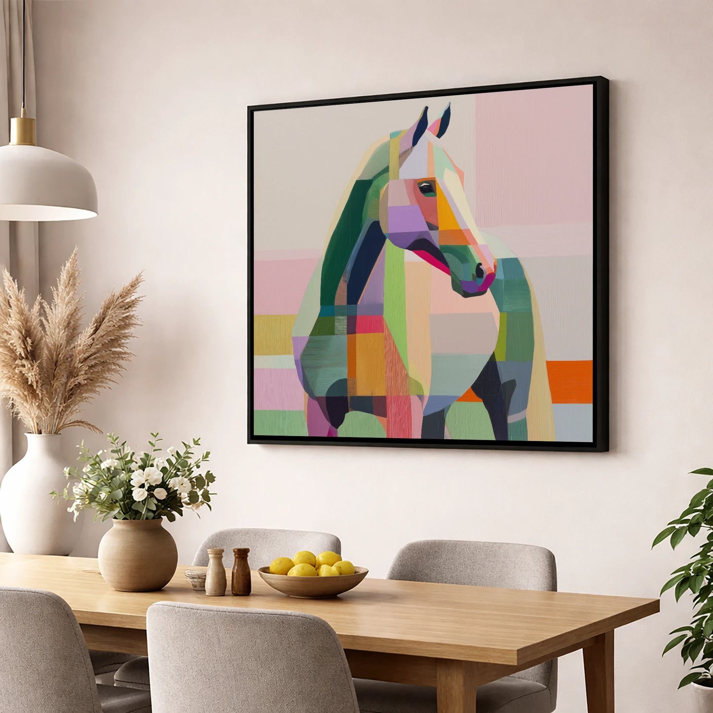 Prismatic Equine Profile horse breed wall art displayed in a dining room