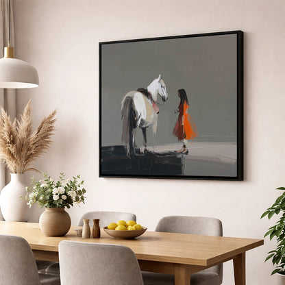 A Silent Dialogue horse & rider wall art displayed in a dining room