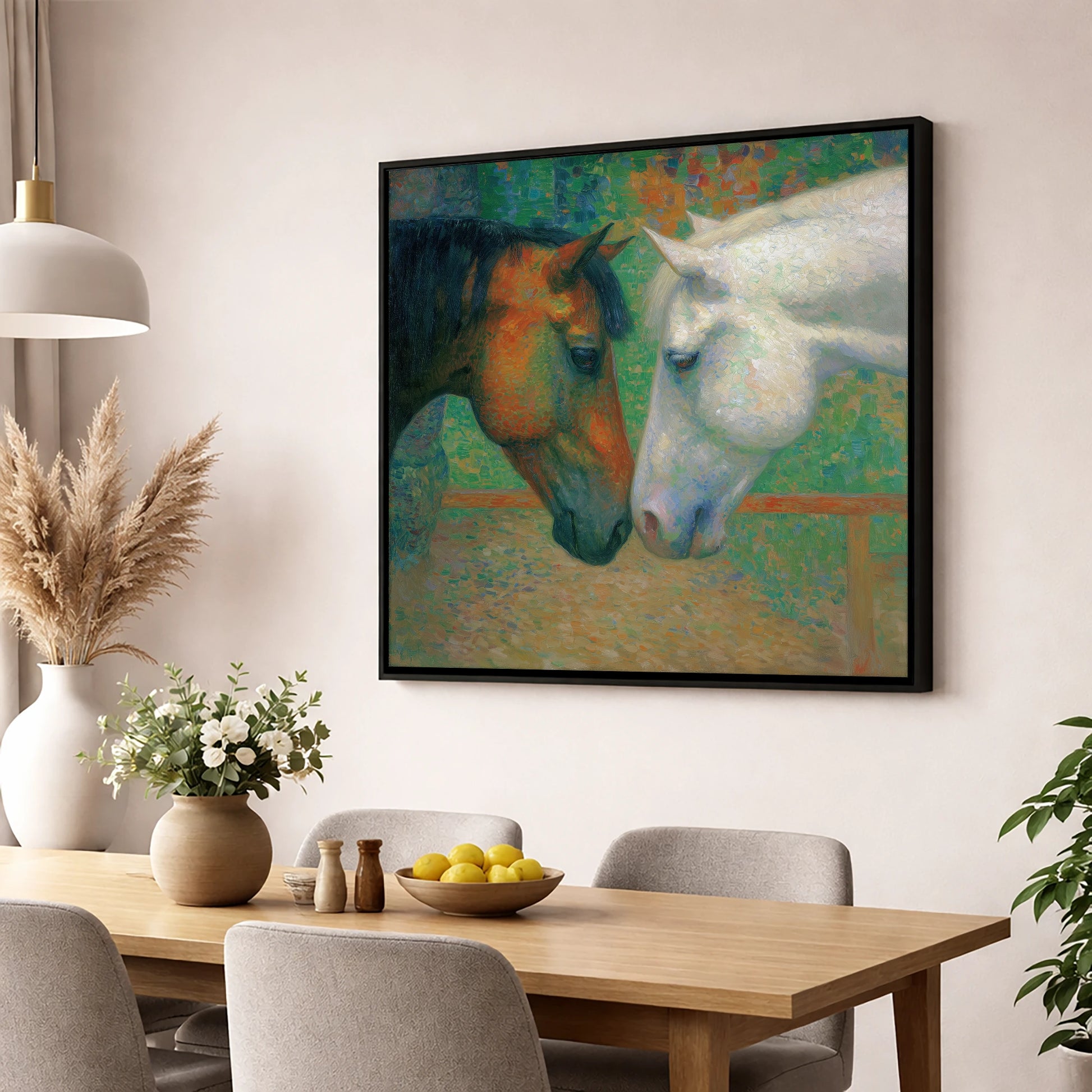 Quiet Companions horse portrait wall art displayed in a dining room