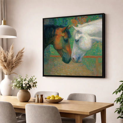 Quiet Companions horse portrait wall art displayed in a dining room