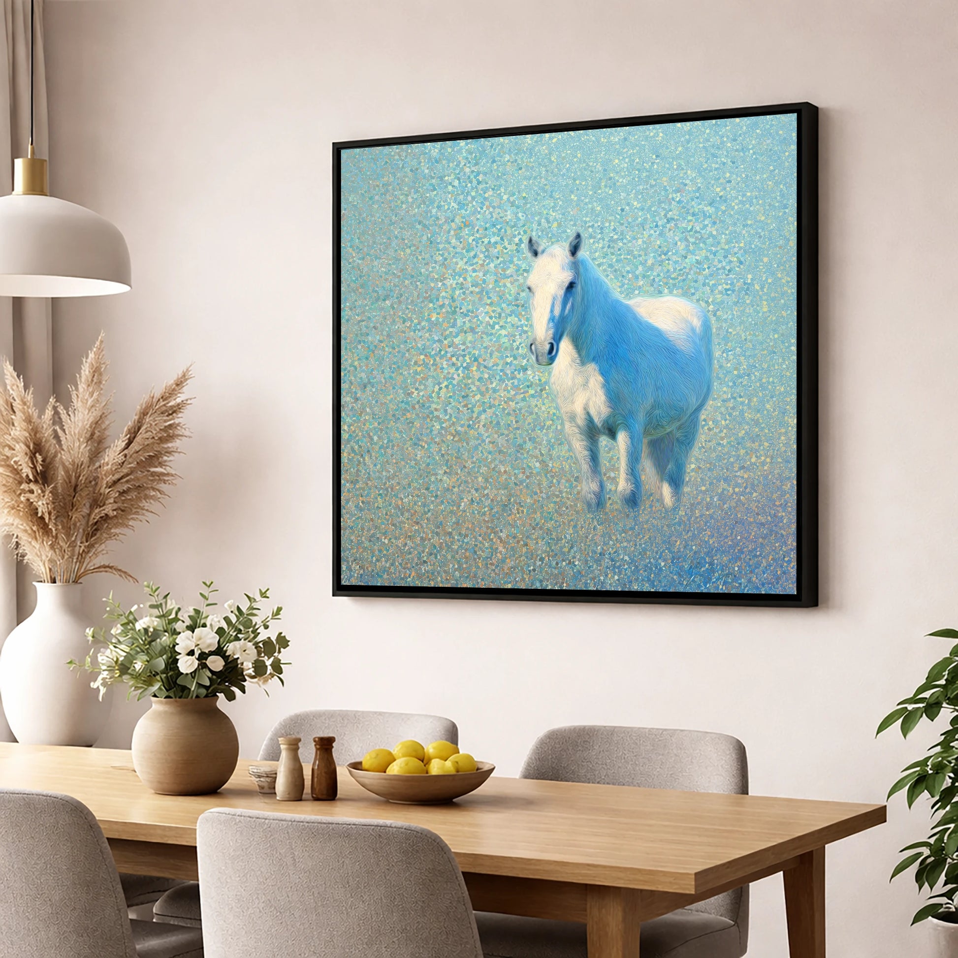 Luminous Azure Grey horse portrait wall art displayed in a dining room