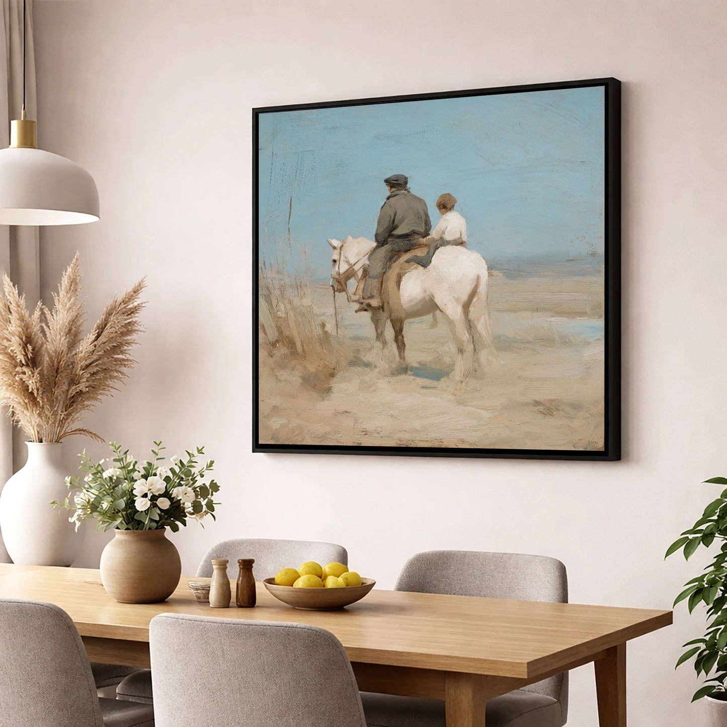 The Shared Journey horse & rider wall art displayed in a dining room