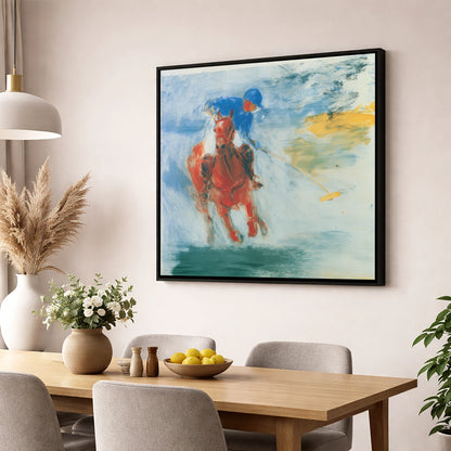 Midfield Strike polo horse wall art displayed in a dining room