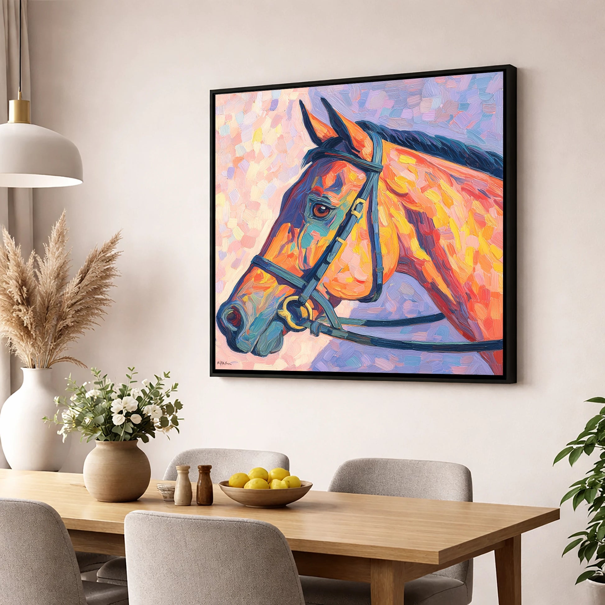 Vivid Equine Gaze racing horse wall art displayed in a dining room