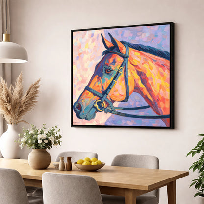 Vivid Equine Gaze racing horse wall art displayed in a dining room
