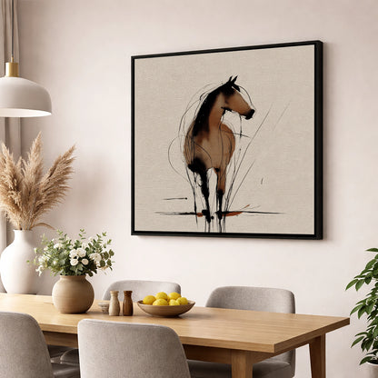 Gestural Sepia Equine horse portrait wall art displayed in a dining room
