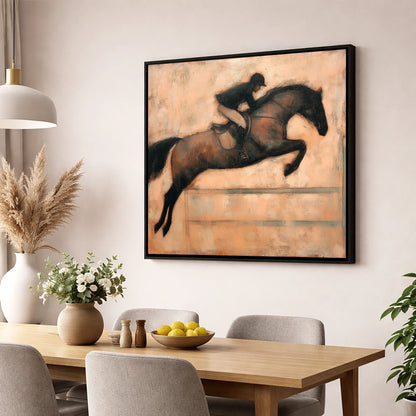 Suspended in Flight show jumping horse wall art displayed in a dining room