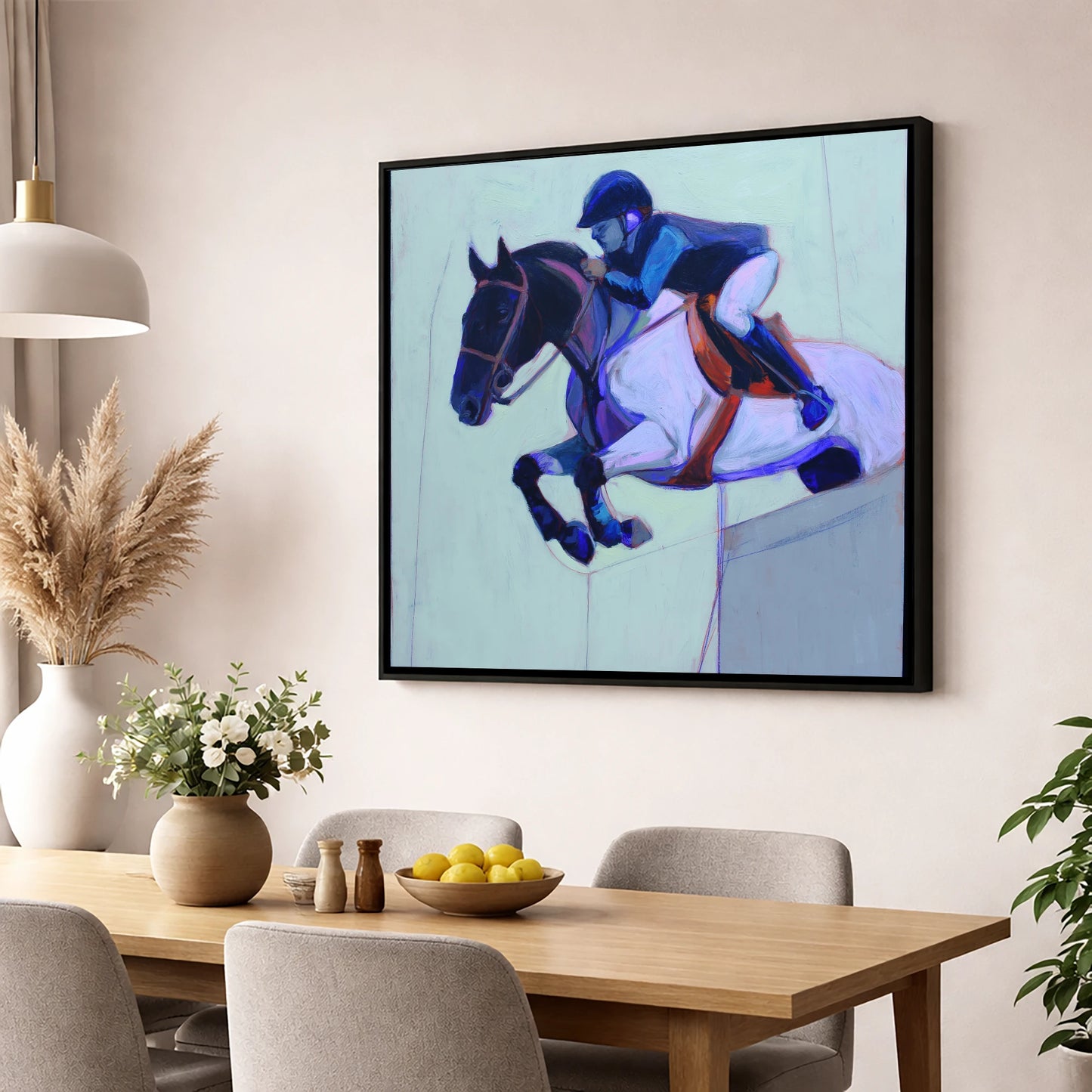 Indigo Flight show jumping horse wall art displayed in a dining room