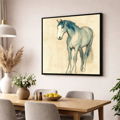 Azure Equine Sketch horse portrait wall art displayed in a dining room