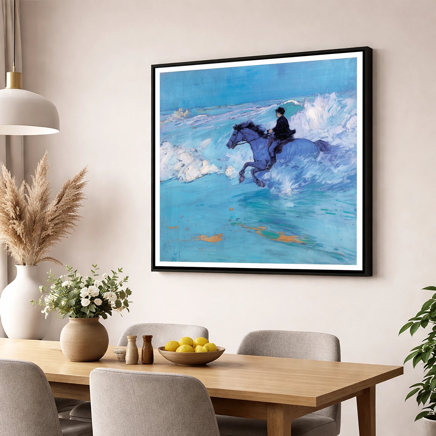 The Azure Tide beach horse wall art displayed in a dining room