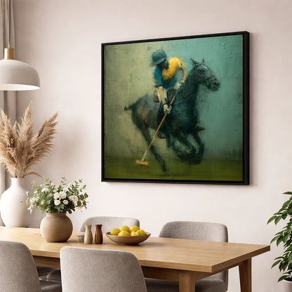 Midfield Strike polo horse wall art displayed in a dining room