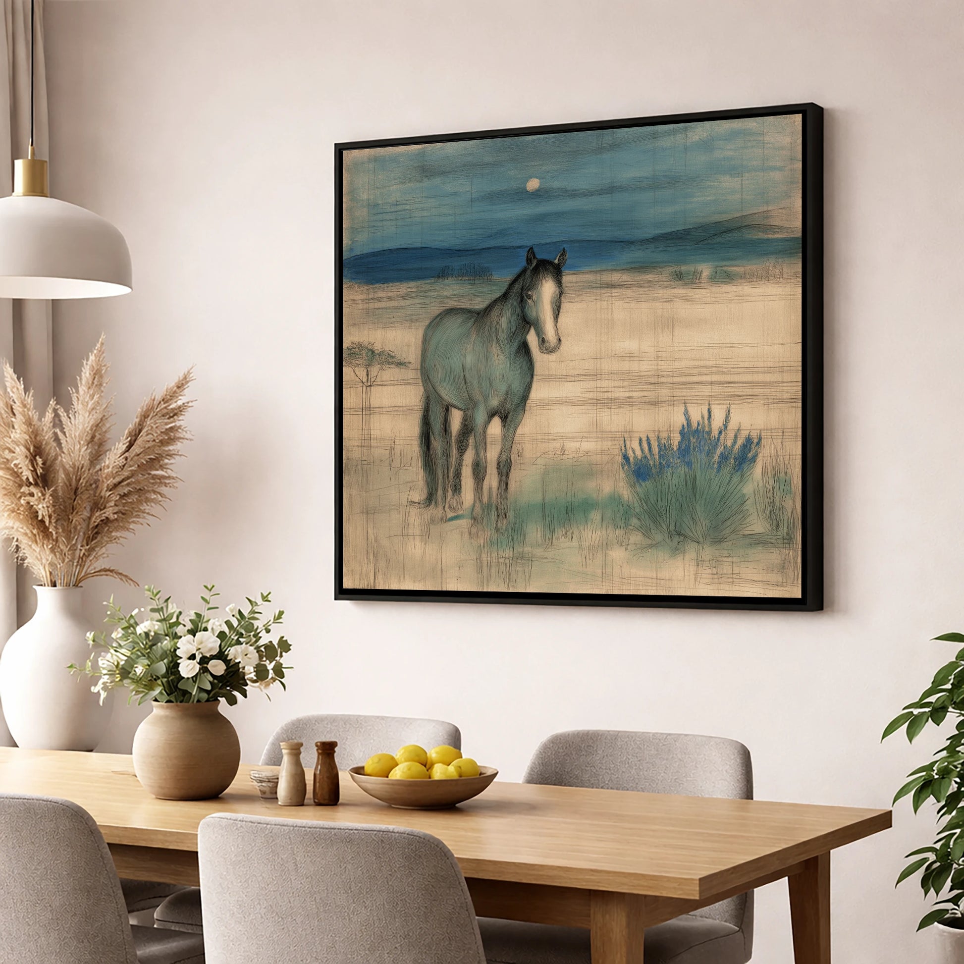 Twilight Moonlit Watch horse landscape wall art displayed in a dining room