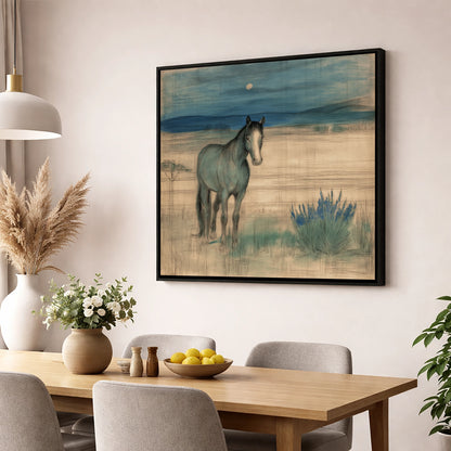 Twilight Moonlit Watch horse landscape wall art displayed in a dining room