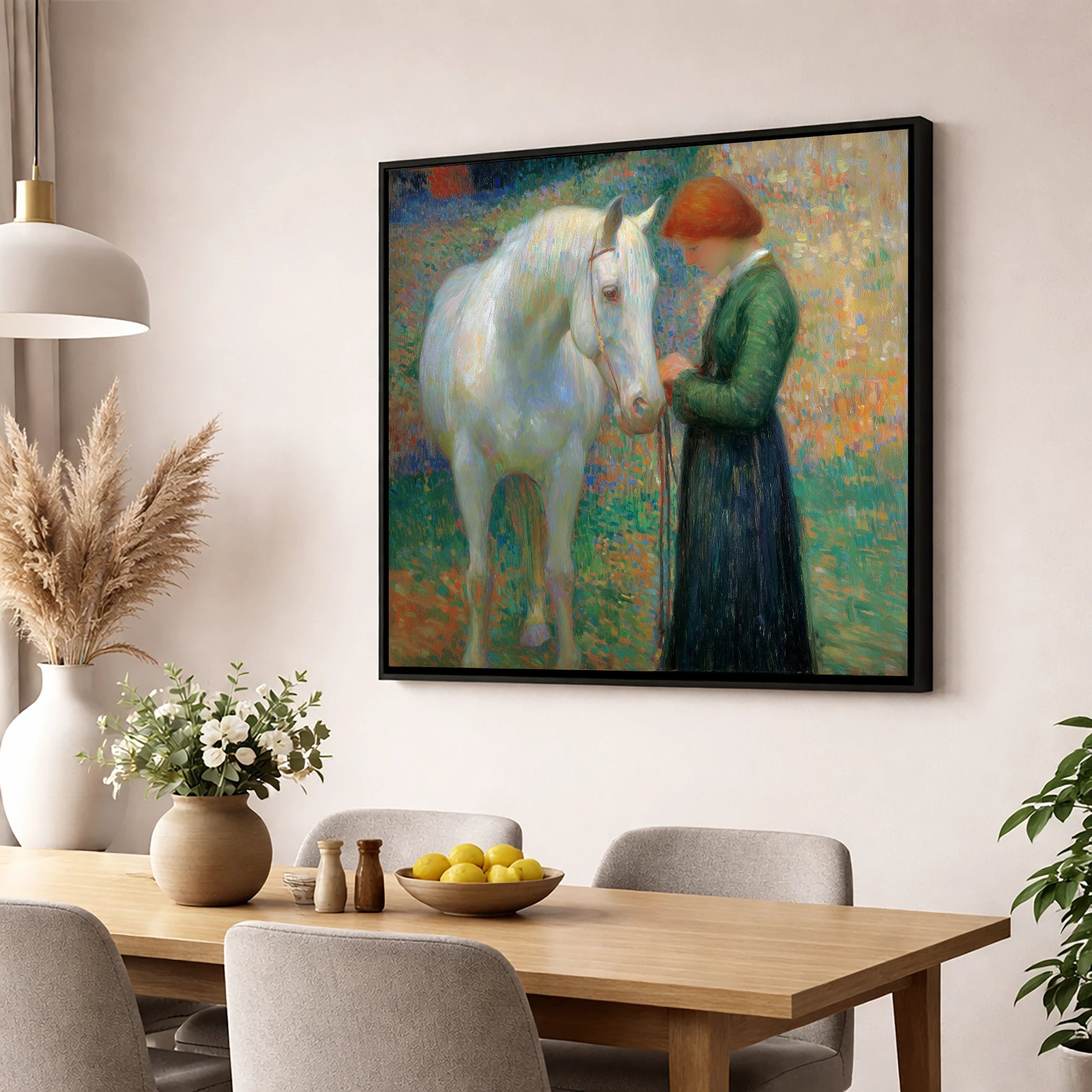The Quiet Bond horse & rider wall art displayed in a dining room
